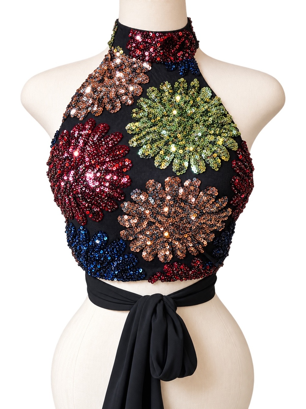 & Other Stories Black Halter Crop Top with Multicolor Sequin Flowers